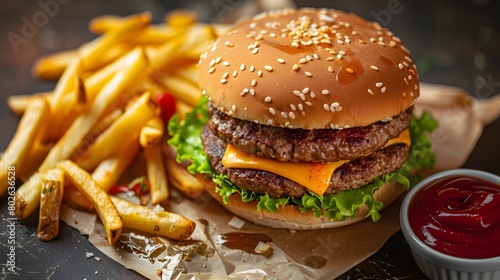 An oversized  juicy cheeseburger with lettuce on top  accompanied by golden fries against a dark background  presents a mouth-watering photo.