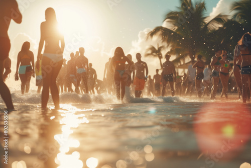 Crowd of young people of various races joyfully running into the sea on a sunny tropical beach during sunset.