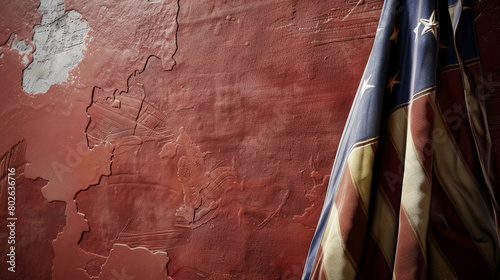 American flag on textured wall with United States map outline