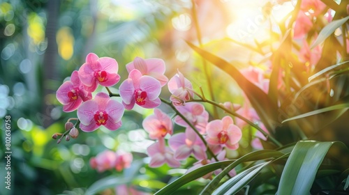 flowers in botanic garden. Orchids are perennial herbs and feature unusual bilaterally symmetric flowers. photo