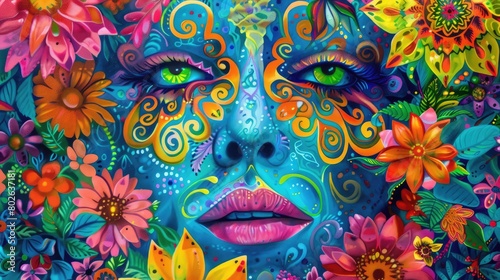 Vibrant Floral Face Painting in Exotic Colors 