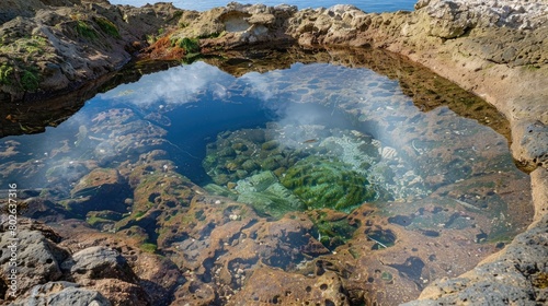 A picturesque natural landscape featuring a body of water surrounded by rocks and mountains  with a clear blue sky and fluffy clouds reflecting in the calm water AIG50