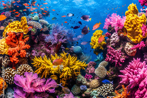 A vibrant underwater world of colorful coral reefs teeming with marine life