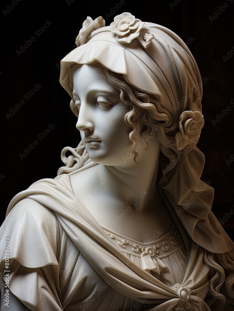 Elegant marble statue of a woman with flowing robes and floral headpiece