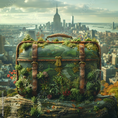 A suitcase is covered in plants and flowers