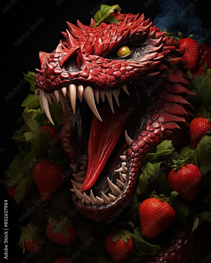 Fearsome dragon made of red fruit and vegetables Fearsome dragon made of red fruit and vegetables