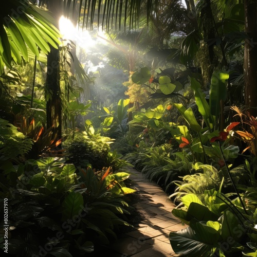 Lush tropical garden path with sunlight filtering through