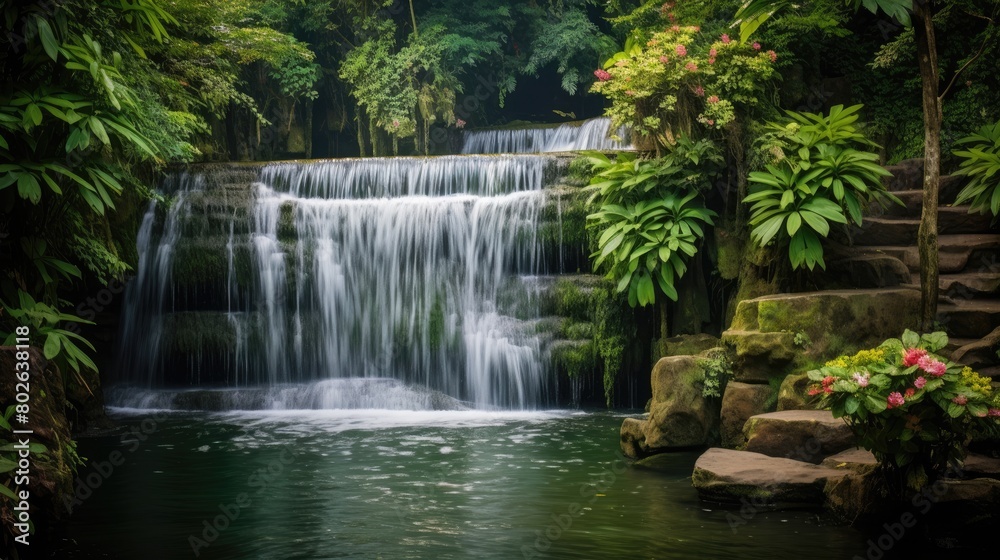 Serene tropical waterfall in lush green forest