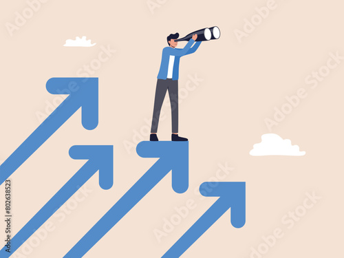 A man stands on an arrow, observing forward. Illustration of company success, moving forward, challenges, and growth