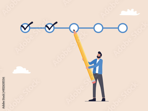 A man is depicted using a large pencil to mark a checkbox on an empty circle, symbolizing project tracking, goal tracking, and task completion