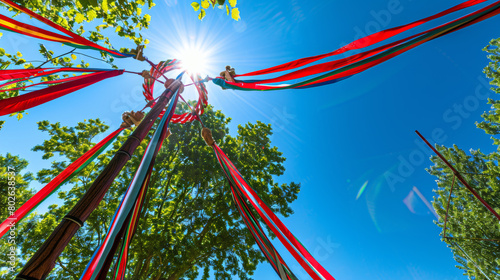 Maypole ribbon dance celebration against blue sky