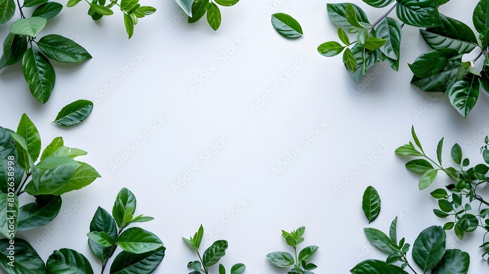 A minimalistic flat lay of green leaves on a white background, creating an elegant and natural frame for text or images. with copy space A minimalistic flat lay of green leaves on a white background, creating an elegant and natural frame for text or images. with copy space