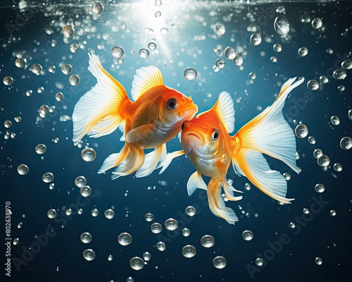 Vibrant goldfish swimming in bubbles