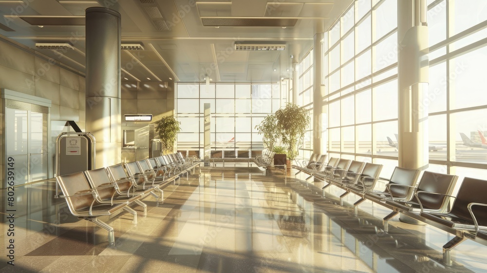 Craft an illustrative scene portraying the interior or airport waiting room