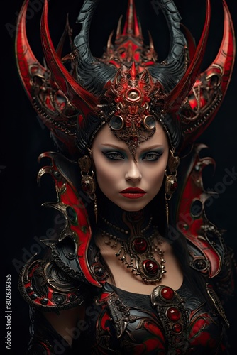Powerful dark fantasy warrior woman in ornate armor