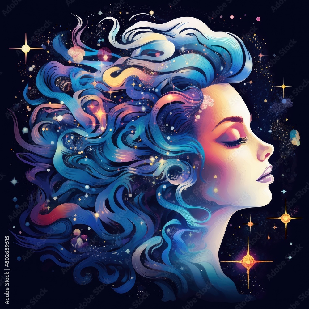 cosmic goddess with flowing hair and stars