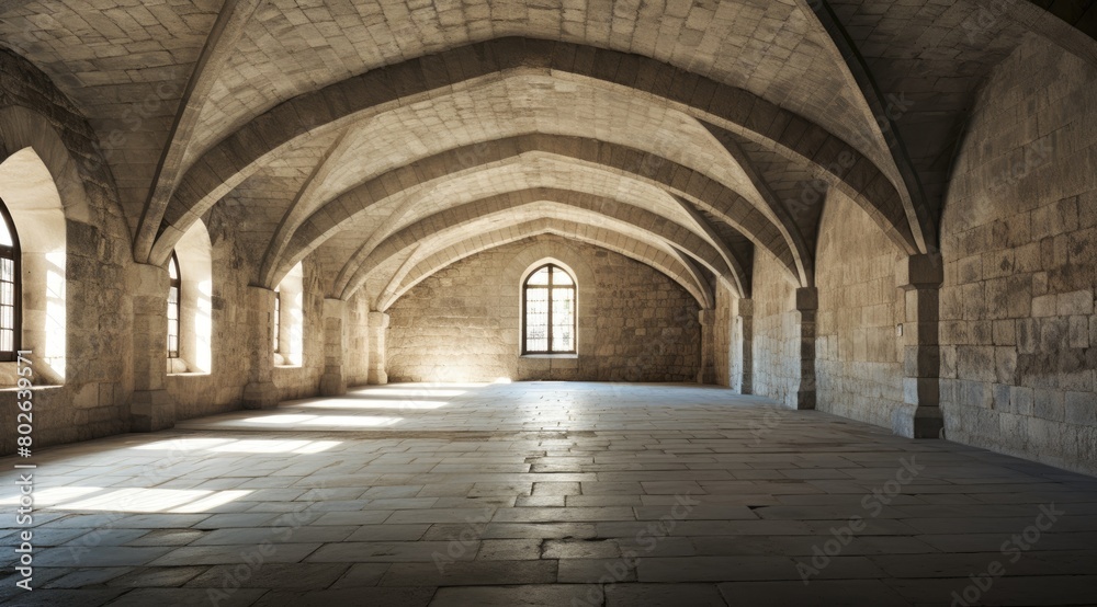 Majestic medieval hall with arched ceiling