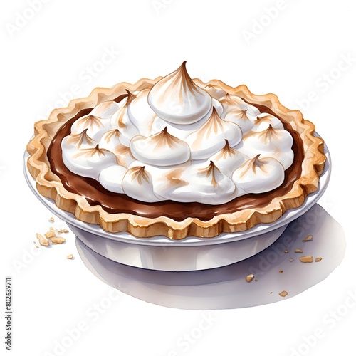 Watercolor illustration of a pie with meringue on a white background