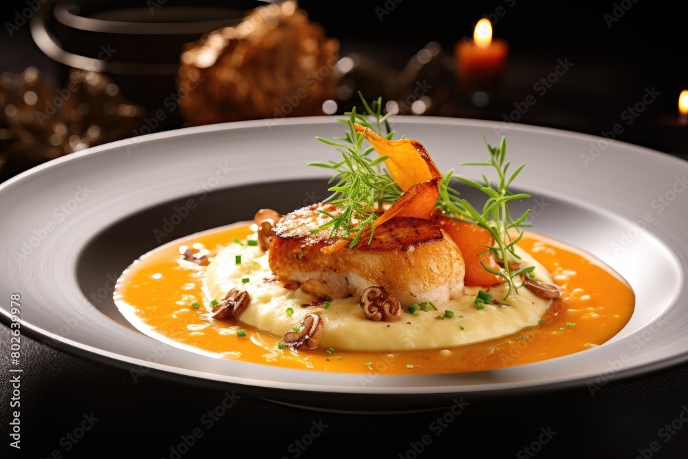 Delicious gourmet fish dish with vegetables Delicious gourmet fish dish with vegetables