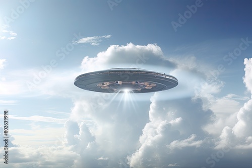 futuristic ufo spacecraft hovering in cloudy sky