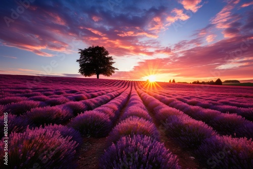 Stunning sunset over lavender field with lone tree