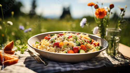 Vibrant pasta salad at a summer picnic, colorful vegetables and bowtie pasta, outdoors under a sunny sky