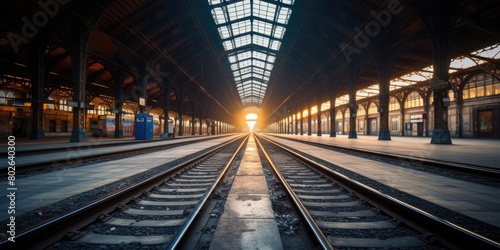 Majestic train station interior with sunlit tracks