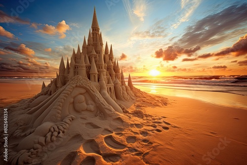Magnificent sand castle at sunset on the beach
