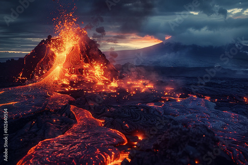 A dramatic volcanic eruption spewing molten lava into the night sky, lighting up the darkness.