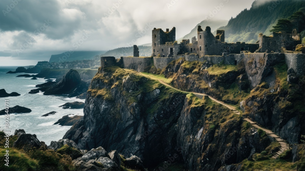 Dramatic coastal castle ruins on a rocky cliff Dramatic coastal castle ruins on a rocky cliff