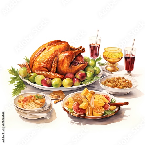 Thanksgiving dinner with roasted turkey, fruits, wine and snacks, illustration