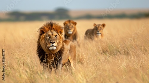  three lions in a grassy field. The lion in the front is staring at the camera  while the other two lions are walking in the background. The background is blurred  and the foreground is in focus.