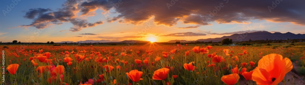 Vibrant poppy field at sunset