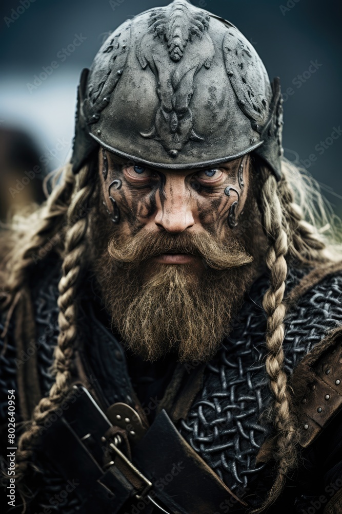 Obraz premium Fierce Viking warrior with braided beard and battle helmet