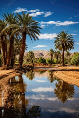 Oasis in the desert with palm trees and reflection