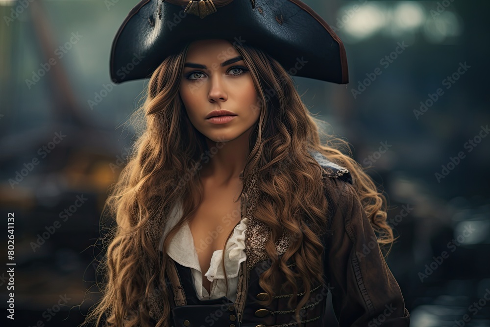 Fototapeta premium Mysterious pirate woman with curly hair and intense gaze
