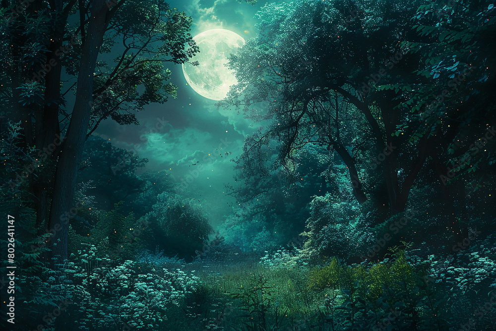A magical forest glade bathed in the soft light of a full moon, alive with mystical energy.