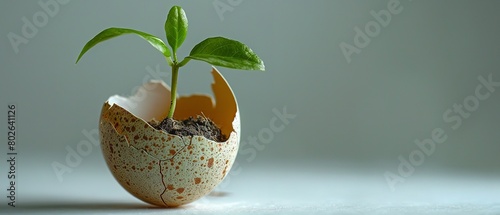 A snapshot of a seedling plant developing from an eggshell with an enticing setting encompassing ecologically sound cultivating seeds and space, Generative AI.