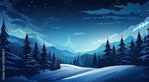 Snowy winter landscape with pine trees and mountains at night
