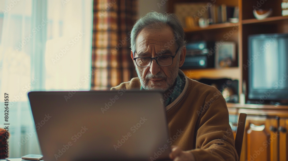 Image of senior man at home laptop.