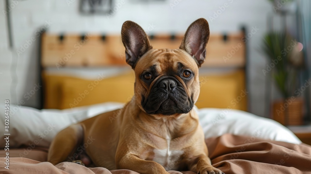 cute brown french bulldog sitting on the bed at home