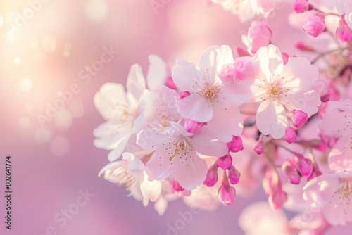 Delicate Cherry Blossoms in Soft Pink, Bathed in Gentle Sunlight for a Serene Spring Morning.
