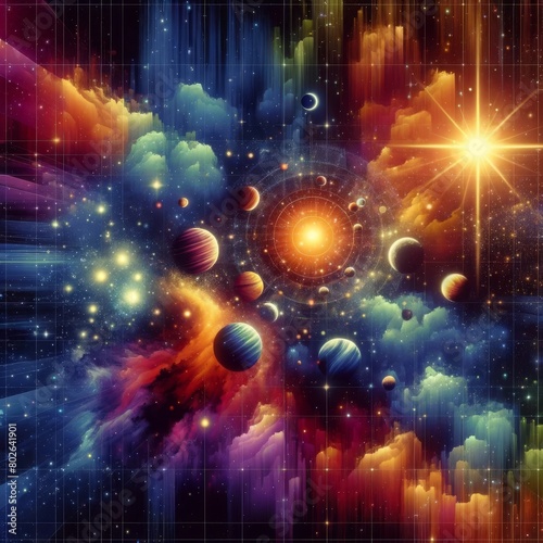 A vivid cosmic scene in data art style