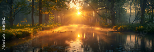 morning in the forest, Dawn over a canal in spring