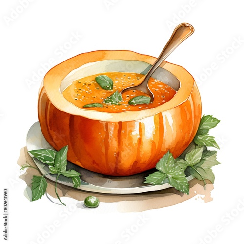 Pumpkin soup. Hand drawn watercolor illustration isolated on white background photo