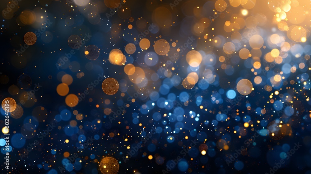 A navy blue background with golden particles features an abstract design. Gold foil texture sparkles amidst the bokeh effect of Christmas lights shimmering. A navy blue background with golden particles features an abstract design. Gold foil texture sparkles amidst the bokeh effect of Christmas lights shimmering.