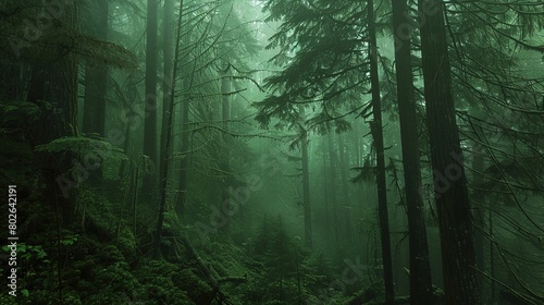 A dense forest shrouded in fog evokes an ethereal and mysterious atmosphere. Fantasy landscape. Generative AI © kovalovds