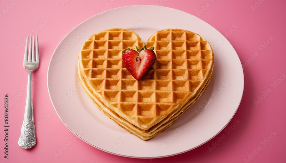 Breakfast Delight: A High-Detail Illustration of Scalloped Heart-Shape Waffles on Plate on Pink Background Breakfast Delight: A High-Detail Illustration of Scalloped Heart-Shape Waffles on Plate on Pink Background
