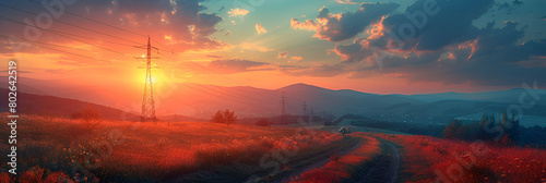 sunrise in the mountains,
 Concept energy clean sunset pylon electricity tu photo