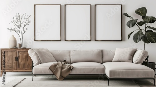 Living room interior in beige colors with three empty big whit frames on the wall for artwork mock ups. photo
